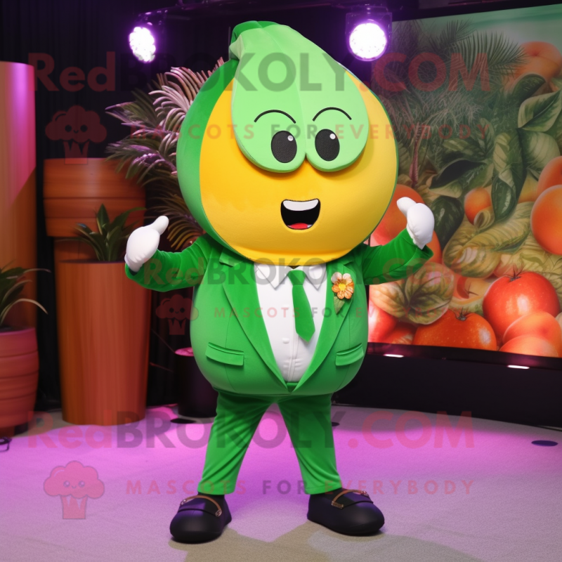 Forest Green Grapefruit mascot costume character dressed with a Suit Jacket and Shawl pins Forest Green Grapefruit mascot costume character dressed with a Suit Jacket and Shawl pins