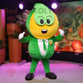 Forest Green Grapefruit mascot costume character dressed with a Suit Jacket and Shawl pins