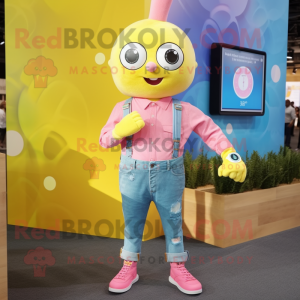 Lemon Yellow Pink mascot costume character dressed with a Chambray Shirt and Digital watches
