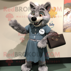 Gray Say Wolf mascot costume character dressed with a Midi Dress and Handbags