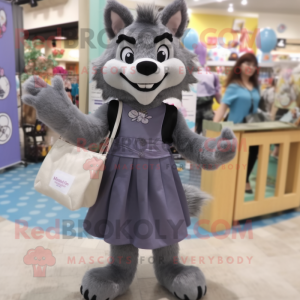 Gray Say Wolf mascot costume character dressed with a Midi Dress and Handbags