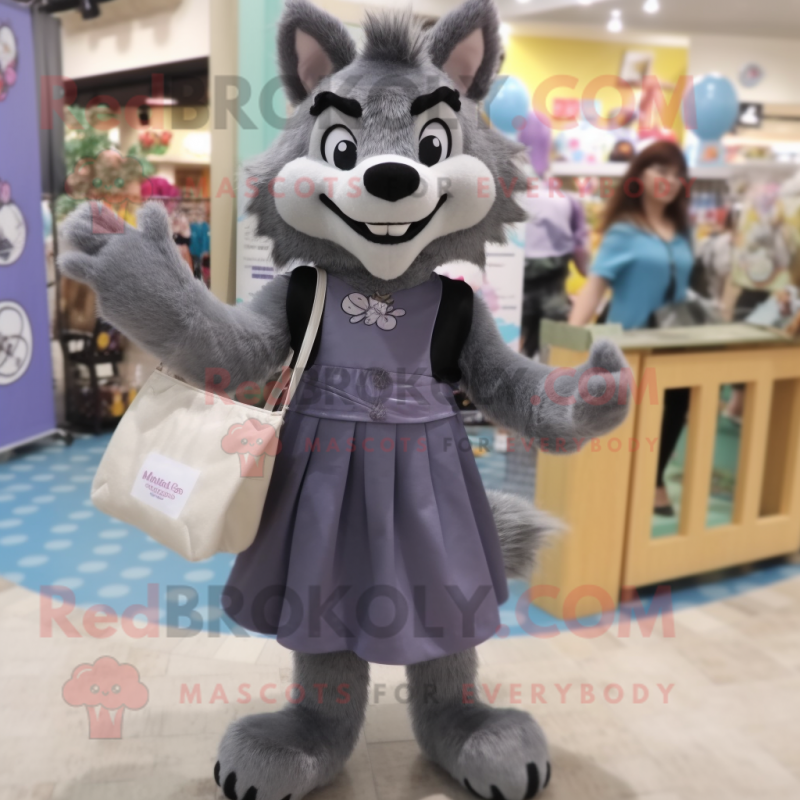 Gray Say Wolf mascot costume character dressed with a Midi Dress and Handbags Gray Say Wolf mascot costume character dressed with a Midi Dress and Handbags