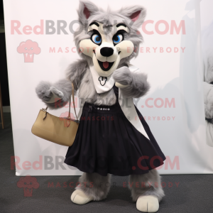 Gray Say Wolf mascot costume character dressed with a Midi Dress and Handbags