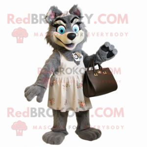 Gray Say Wolf mascot costume character dressed with a Midi Dress and Handbags