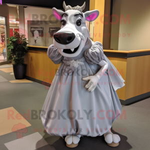 Gray Guernsey Cow mascot costume character dressed with a Ball Gown and Bow ties