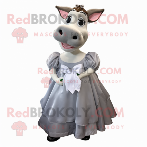 Gray Guernsey Cow mascot costume character dressed with a Ball Gown and Bow ties