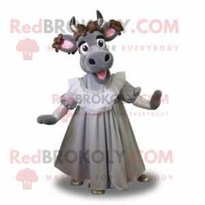 Gray Guernsey Cow mascot costume character dressed with a Ball Gown and Bow ties