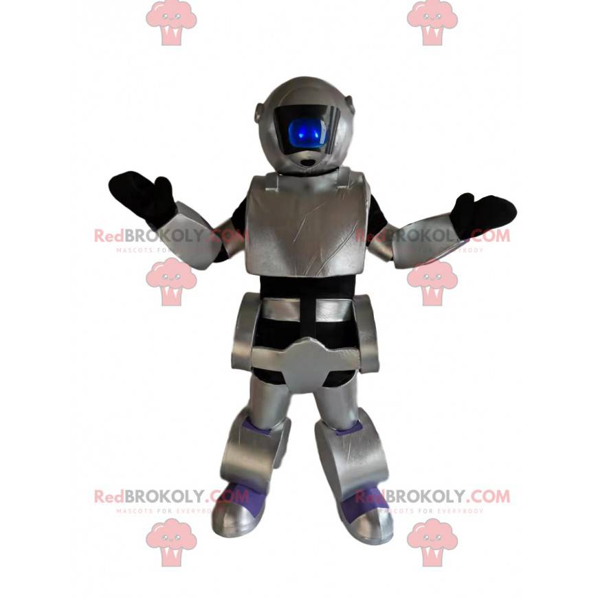 Graues und schwarzes Robotermaskottchen. Roboterkostüm -