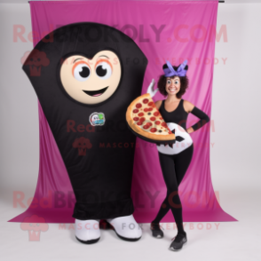 Black Pizza Slice mascot costume character dressed with a Yoga Pants and Hair clips