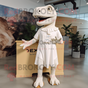 Cream T Rex mascot costume character dressed with a Midi Dress and Shoe clips