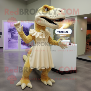 Cream T Rex mascot costume character dressed with a Midi Dress and Shoe clips