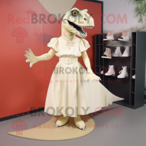 Cream T Rex mascot costume character dressed with a Midi Dress and Shoe clips