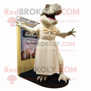 Cream T Rex mascot costume character dressed with a Midi Dress and Shoe clips