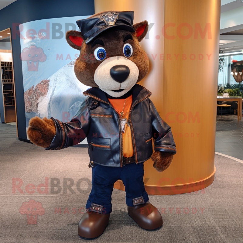 Navy Goulash mascot costume character dressed with a Leather Jacket and Ties