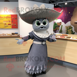 Gray Tacos mascot costume character dressed with a Wrap Dress and Cummerbunds