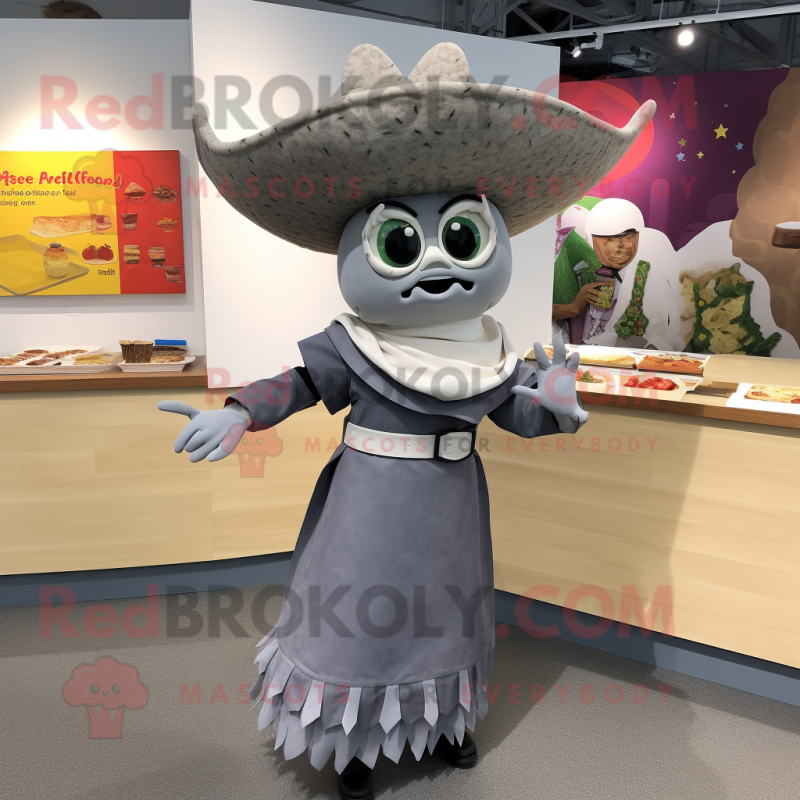 Gray Tacos mascot costume character dressed with a Wrap Dress and Cummerbunds Gray Tacos mascot costume character dressed with a Wrap Dress and Cummerbunds