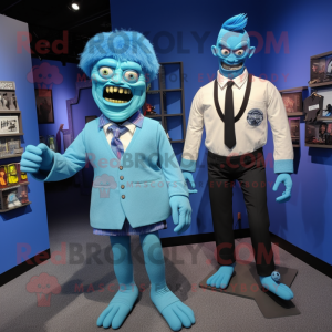 Blue Frankenstein'S Monster mascot costume character dressed with a Mini Skirt and Ties