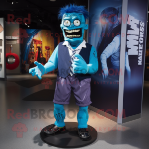 Blue Frankenstein'S Monster mascot costume character dressed with a Mini Skirt and Ties