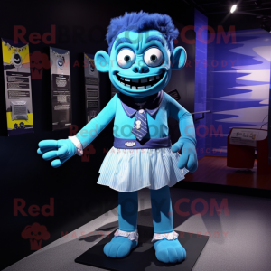 Blue Frankenstein'S Monster mascot costume character dressed with a Mini Skirt and Ties