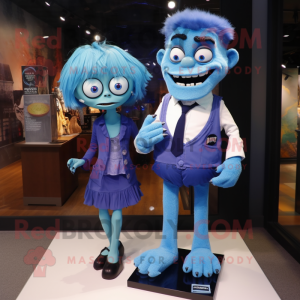 Blue Frankenstein'S Monster mascot costume character dressed with a Mini Skirt and Ties