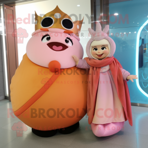 Peach Queen mascot costume character dressed with a Parka and Shawls
