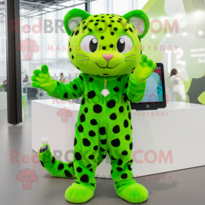 Lime Green Leopard mascot costume character dressed with a A-Line Dress and Smartwatches