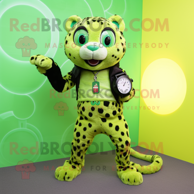 Lime Green Leopard mascot costume character dressed with a A-Line Dress and Smartwatches