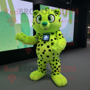 Lime Green Leopard mascot costume character dressed with a A-Line Dress and Smartwatches