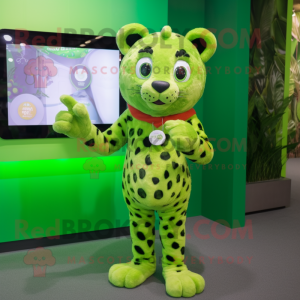 Lime Green Leopard mascot costume character dressed with a A-Line Dress and Smartwatches