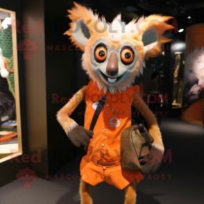 Orange Aye-Aye mascot costume character dressed with a Mini Dress and Suspenders