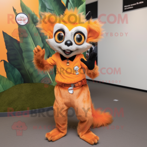 Orange Aye-Aye mascot costume character dressed with a Mini Dress and Suspenders
