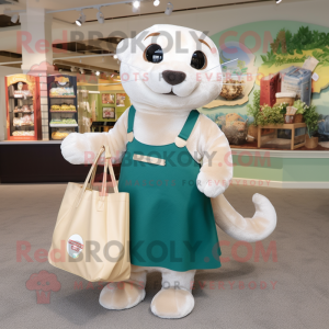 Cream Otter mascot costume character dressed with a Dress and Tote bags