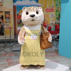 Cream Otter mascot costume character dressed with a Dress and Tote bags