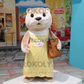 Cream Otter mascot costume character dressed with a Dress and Tote bags