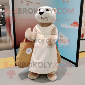 Cream Otter mascot costume character dressed with a Dress and Tote bags