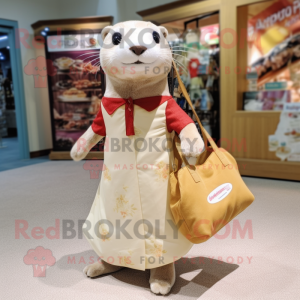 Cream Otter mascot costume character dressed with a Dress and Tote bags