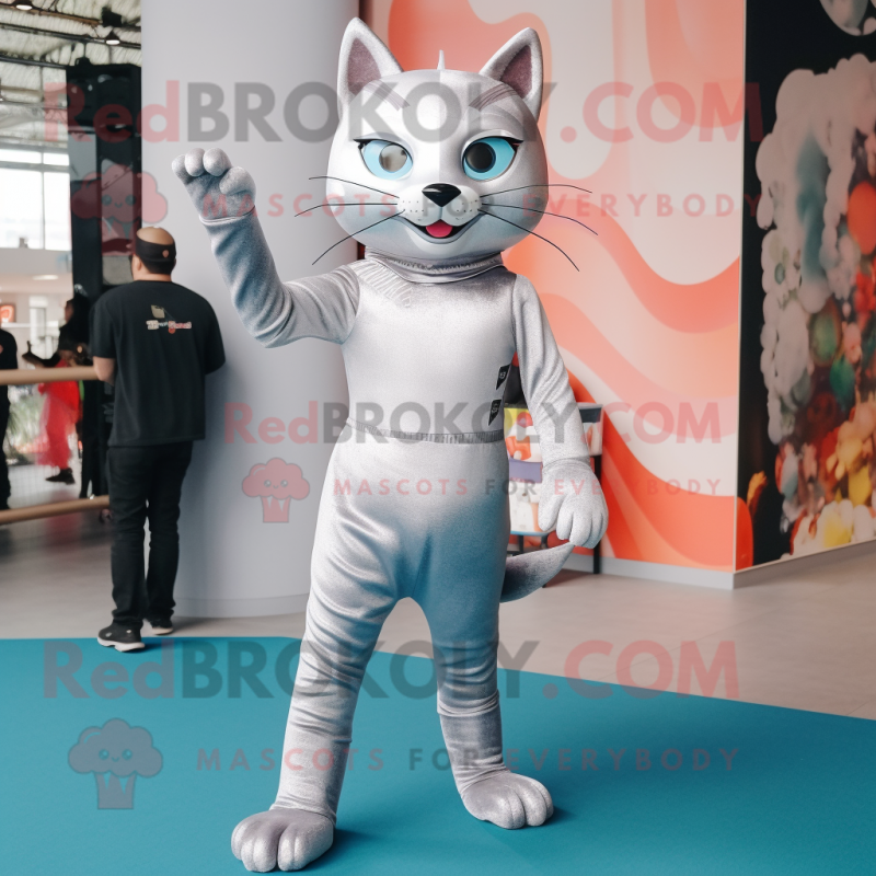 Silver Cat mascot costume character dressed with a Leggings and Clutch bags