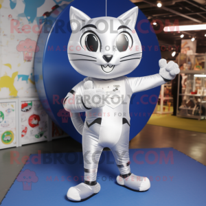 Silver Cat mascot costume character dressed with a Leggings and Clutch bags