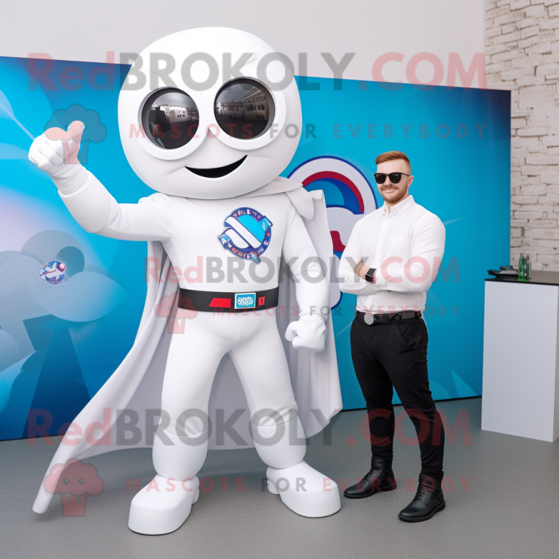 White Superhero mascot costume character dressed with a Blazer and Smartwatches