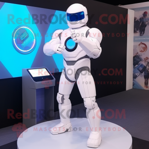 White Superhero mascot costume character dressed with a Blazer and Smartwatches