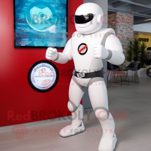 White Superhero mascot costume character dressed with a Blazer and Smartwatches