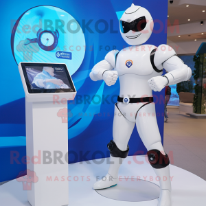 White Superhero mascot costume character dressed with a Blazer and Smartwatches