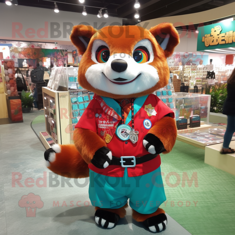 Turquoise Red Panda mascot costume character dressed with a T-Shirt and Coin purses Turquoise Red Panda mascot costume character dressed with a T-Shirt and Coin purses