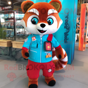Turquoise Red Panda mascot costume character dressed with a T-Shirt and Coin purses