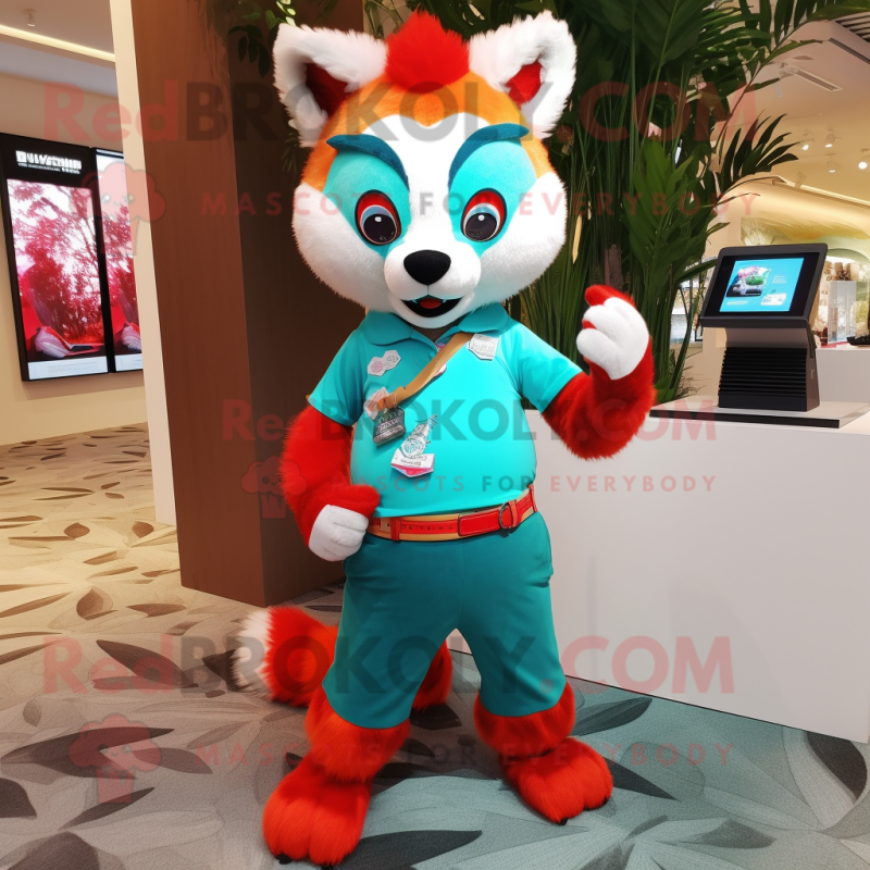 Turquoise Red Panda mascot costume character dressed with a T-Shirt and Coin purses