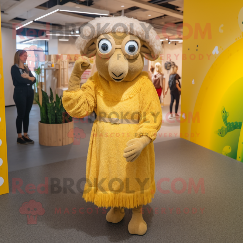 Gold Merino Sheep mascot costume character dressed with a A-Line Dress and Headbands Gold Merino Sheep mascot costume character dressed with a A-Line Dress and Headbands