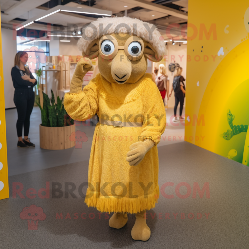 Gold Merino Sheep mascot costume character dressed with a A-Line Dress and Headbands