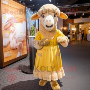 Gold Merino Sheep mascot costume character dressed with a A-Line Dress and Headbands