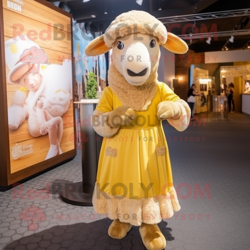 Gold Merino Sheep mascot costume character dressed with a A-Line Dress and Headbands