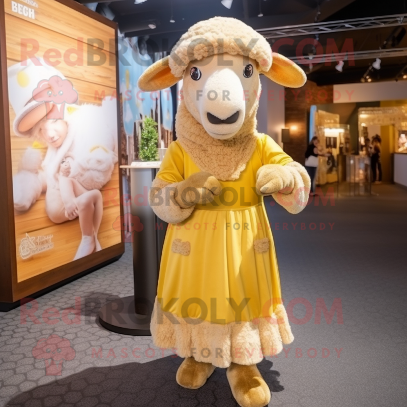 Gold Merino Sheep mascot costume character dressed with a A-Line Dress and Headbands Gold Merino Sheep mascot costume character dressed with a A-Line Dress and Headbands